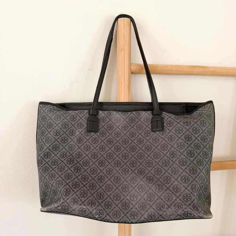 Tory Burch T Monogram Coated Canvas Large Tote Shopper Bag Gray Black Leather